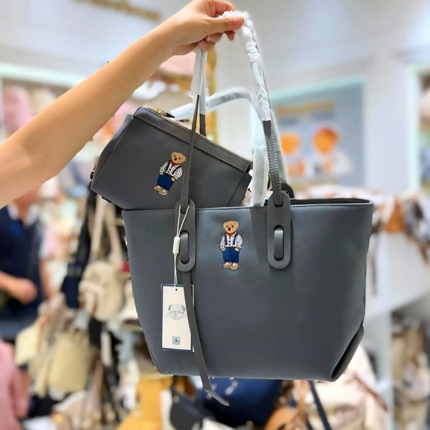 GUOO BEAR Canvas Embroidered Shoulder Bag - Grey