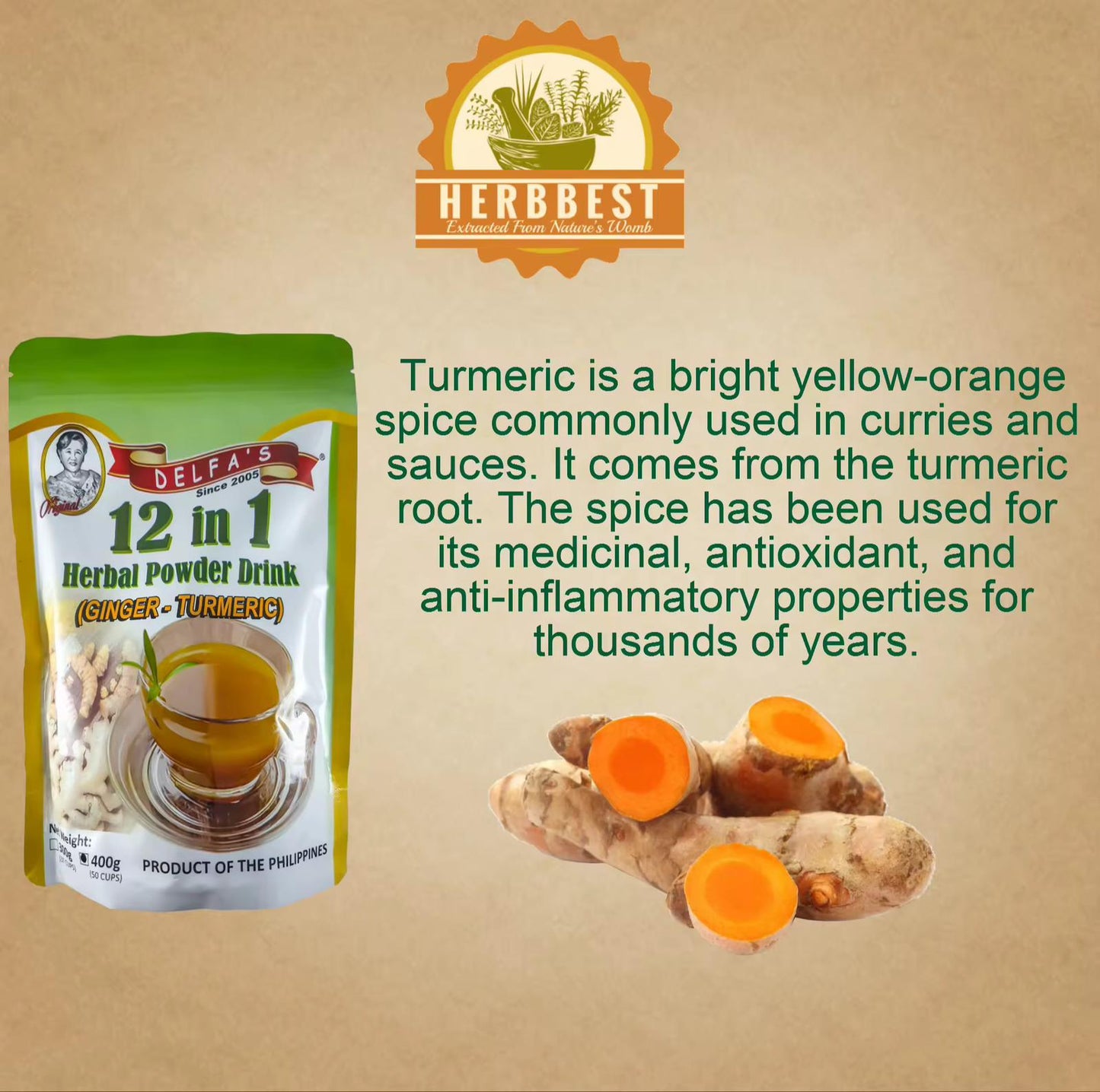 Delfa's 12 in 1 Ginger-Turmeric Herbal Powder Drink 350g