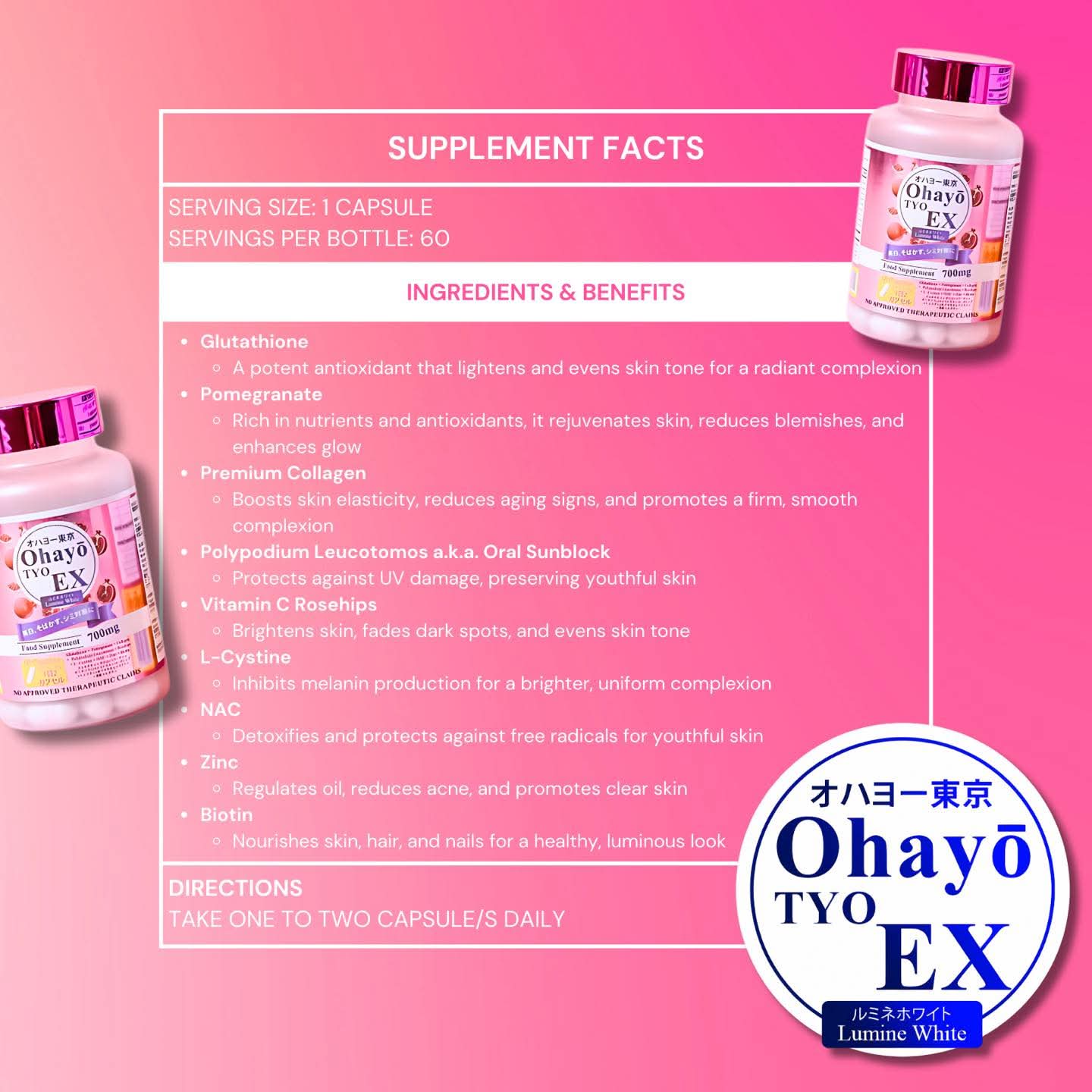 OHAYO TYO EX Lumine White Glutathione 700mg (60 Capsules)