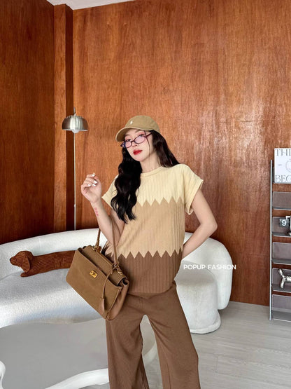 Tri-Tone Knitted Coords - Brown