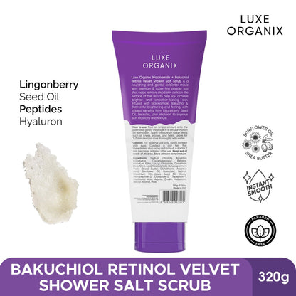 Luxe Organix Niacinamide + Bakuchiol Retinol Velvet Shower Salt Scrub 320g